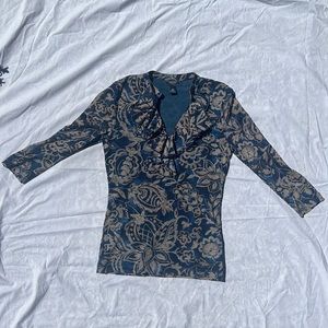 Chaps Denim sheer mesh top v neck w/ ruffled accent 3/4 sleeve pattern Navy XS